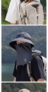 Detail of wide brim sun hat with face cover and neck flap for outdoor hiking