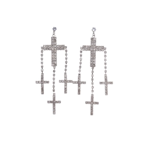 Exaggerated silver cross tassel earrings with sparkling rhinestones for women