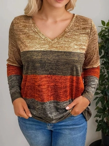 Women V-neck long sleeve knit top with color-block stripes in casual loose fit
