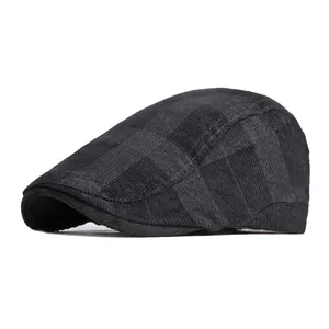 Classic dark grey plaid beret hat with textured corduroy finish and retro British style