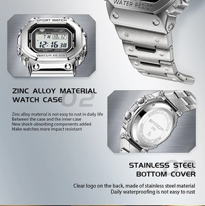 Detailed views of the silver square digital watch with zinc alloy case and 5ATM waterproof info