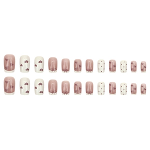 French heart bow press-on nails set with soft pink purple and white glossy finish