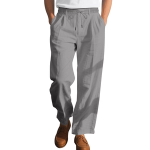 Détail du pantalon en lin gris pour hommes avec taille élastique à cordon et texture