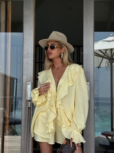 Haut De Cardigan À Volants Et Short Pour Femme Col En V Strass Été Plage Vacances Mélange De Coton Jaune