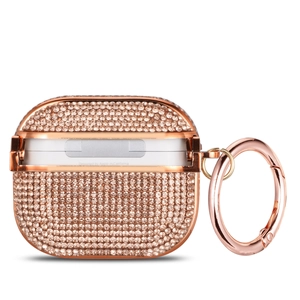Macro shot of rose gold rhinestone AirPods case with matching metal carabiner clip