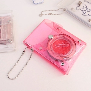 Pink transparent glitter card holder with silver ball chain and snap closure for kpop cards