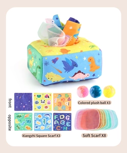 Detail of plush baby tissue box set with colorful dinosaur patterns and sensory cloth accessories