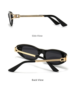 Detail view of oval sunglasses featuring gold horseshoe metal hinges and black frames