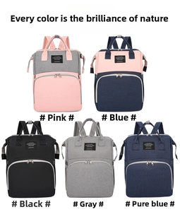 Five assorted waterproof Oxford cloth diaper backpacks in multiple color combinations