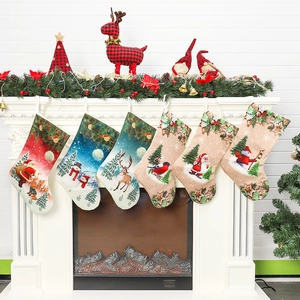 Set of six festive Christmas stockings with varied patterns hanging on a classic white fireplace