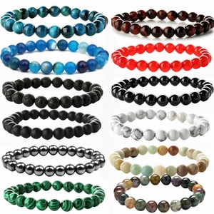 Natural Stone Beaded Bracelet Tiger Eye Agate Turquoise Lava Rock Elastic Stretch Handmade For Men Women