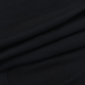 Detailed close-up of the black knitted fabric texture and soft ribbed material of the jumpsuit