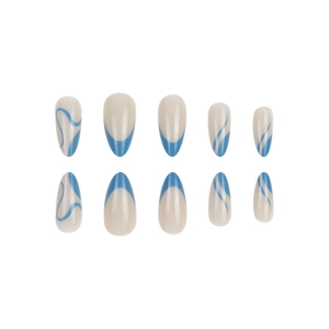 Almond shaped nude press-on nails with blue French stripe and wavy pattern designs