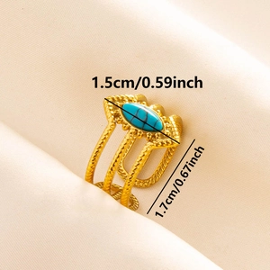 Detail view of turquoise stone ring showing dimensions 1.5cm by 1.7cm on textured fabric