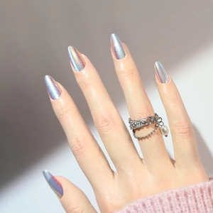 Press On Nails Aurora Holographic Cat Eye Long Almond Shape Fake Nails Luxury Elegant Glossy Manicure For Women