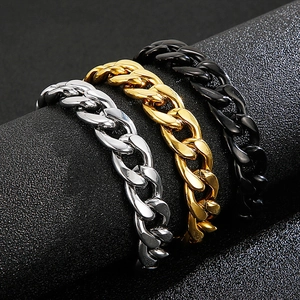 Flat Cuban link bracelets for men in silver, gold, and black polished stainless steel