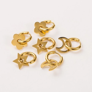 Gold stainless steel hoop earrings set with hollow star moon and flower charms