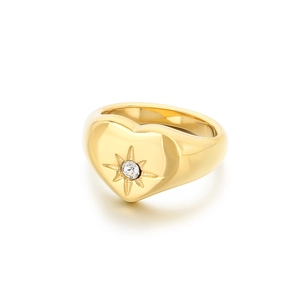 18K gold plated heart ring with starburst engraving and sparkling center zircon crystal