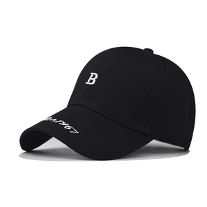 Black cotton baseball cap with white letter B embroidery and side year script detail