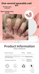 Detailed chart showing long pink press-on nails with 24 pieces and heart rhinestones