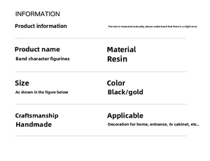 Detailed product specifications card for resin musical band sculpture ornaments