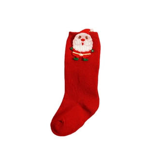 Solid red Christmas baby socks with Santa Claus embroidery in soft knit fabric