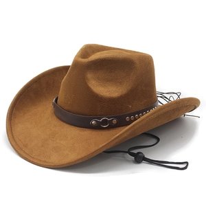 Classic brown faux suede cowboy hat with studded leather band and adjustable wind rope