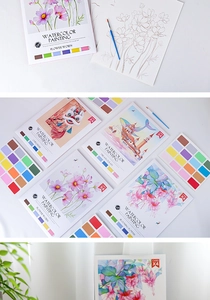 Detail of watercolor coloring cards with built-in paint palettes and a brush for kids