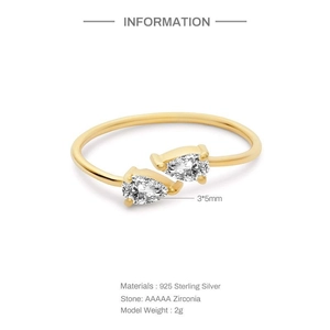 Detail of gold-plated 925 silver ring with 3x5mm pear-cut AAAAA zirconia stones
