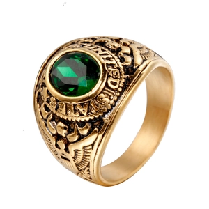 Men's retro gold United States military ring with large green gemstone and eagle carving