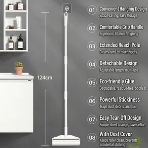 Long-handled pet hair lint roller with extendable 124cm rod for floor and clothing