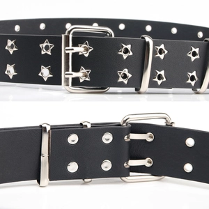 Punk style black leather double grommet belt with silver star eyelets and double pin buckle