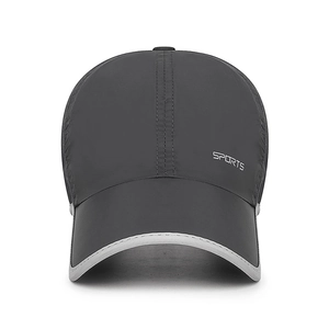 Dark grey breathable mesh sports baseball cap with white piping and SPORTS print