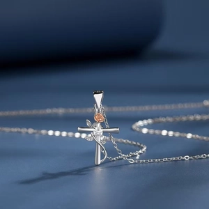 S925 sterling silver cross necklace with rose gold flower and sparkling zircon stone