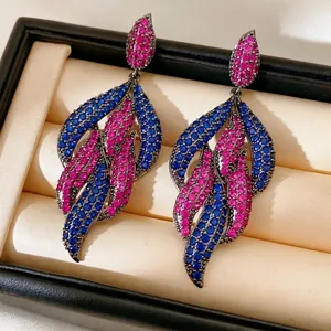 Vintage Leaf Drop Dangle Earrings With Pink And Blue Zirconia In Gunmetal Copper Base And Silver Earring Post