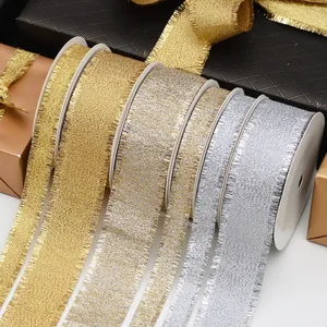 Metallic glitter fringe ribbon in gold and silver for gift wrapping and floral decor