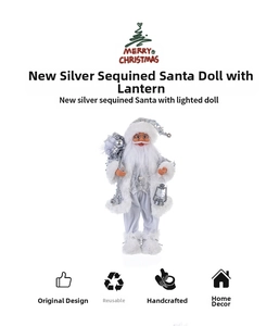 Detailed view of Santa figure with silver sequins, white fur trim, and a classic lantern