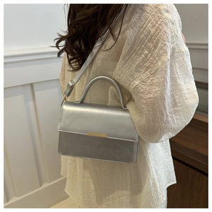 Detail view of the silver metallic handbag showing the elegant gold clasp and handle