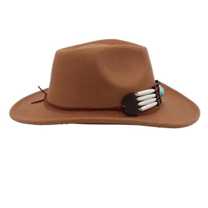 Detailed side view of a brown felt cowboy hat with turquoise bead band decor