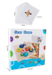 Kids wooden gear toy set packaging with 24 flashcards and assembly component sizes