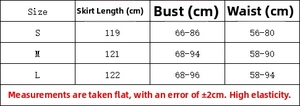 Detailed size chart for bodycon dress showing length, bust, and waist measurements