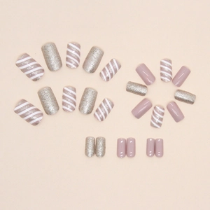 Champagne glitter and pink striped medium-length press-on nails set for women