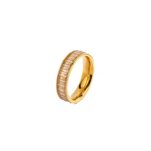 Gold eternity ring with rectangular cubic zirconia stones set in polished stainless steel