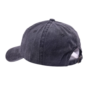 Detail of vintage washed black baseball cap featuring metal buckle and breathable eyelets