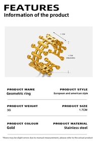 Detailed size specifications for the gold geometric grid stainless steel adjustable ring
