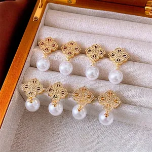 Hollow Clover Flower Artificial Pearl Drop Earrings With 925 Sterling Silver Earring Post Zircon Retro Luxury Jewelry For Women