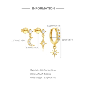 Detailed specs of S925 silver earrings set with moon stars and AAAAA cubic zirconia
