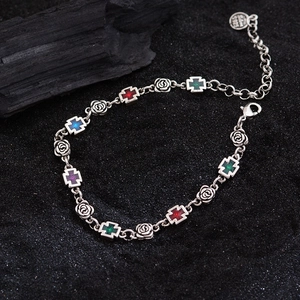 Vintage Copper Rose Cross Pendant Bracelet With Multi-Color Rhinestones Gothic Electroplated Punk Fashion Jewelry For Women