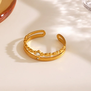 Elegant 18K gold plated stainless steel open ring with double layer crown and zircon stone