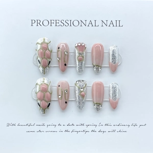 Handmade Press On Nails Pink Silver Glitter Snake Pattern Rhinestone Glossy Medium Long Luxury Manicure For Women